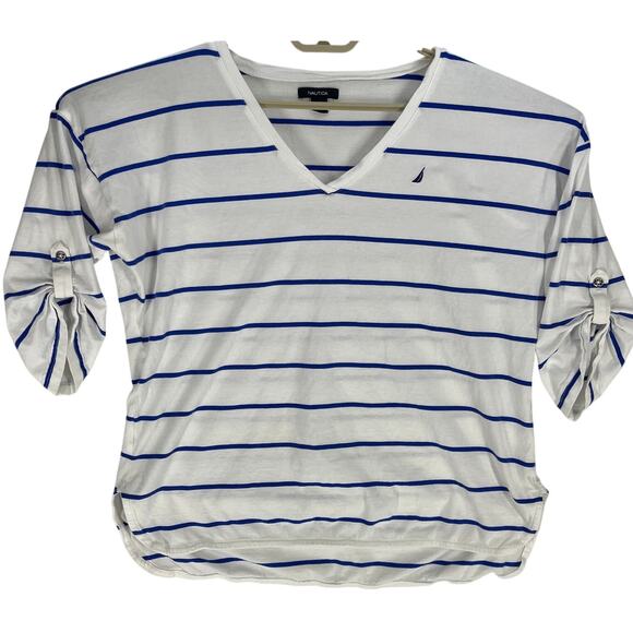 Nautica Tee Shirt Womens XXL Blue White Striped V-Neck Short Sleeve 100% Cotton - Picture 1 of 5